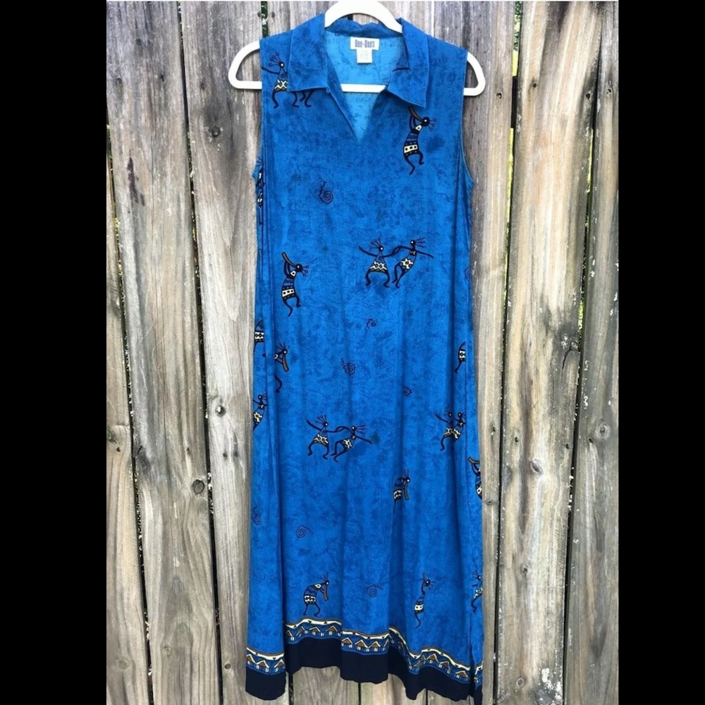 Blue Sleeveless Collared Tribal Print Maxi Dress